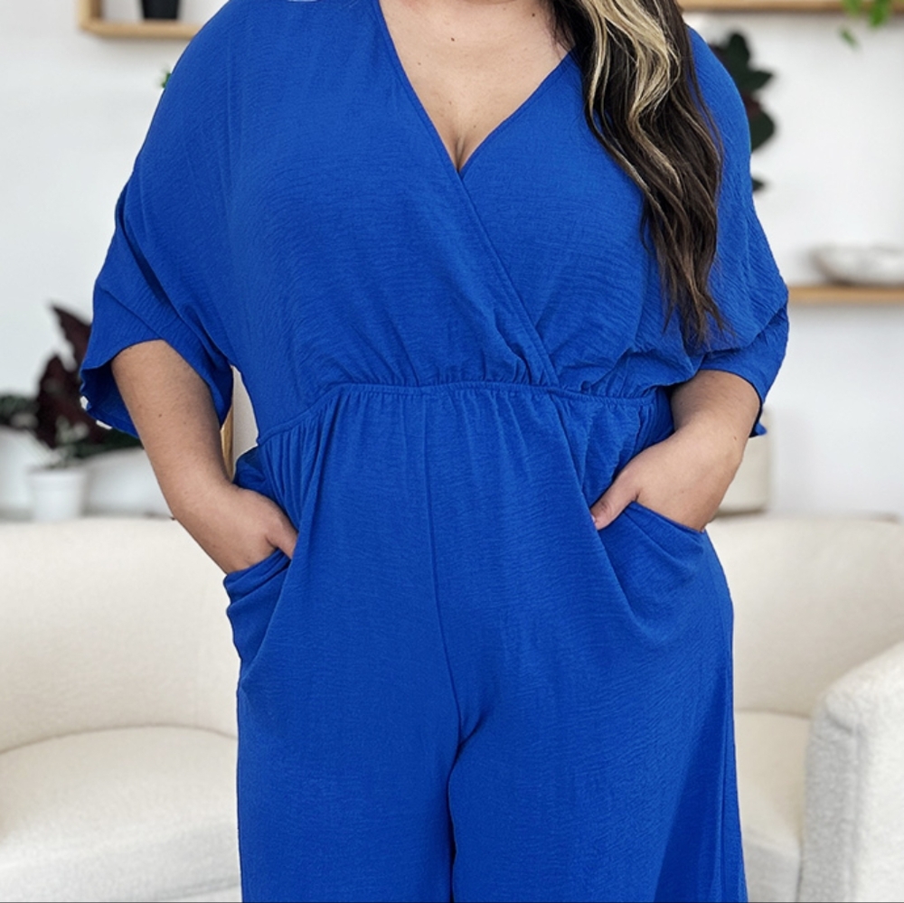 Blue Wide-Leg Surplice Jumpsuit - Picture 10 of 15